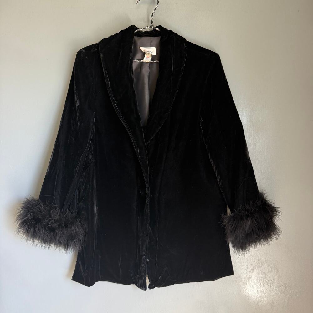 Vintage THEMES Women's 14 Black Velvet Jacket Feather Cuffs 1970's Retro Boho